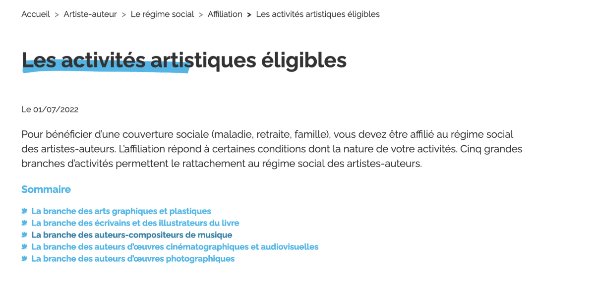 capture d'écran du site de la sécurité sociale des artistes