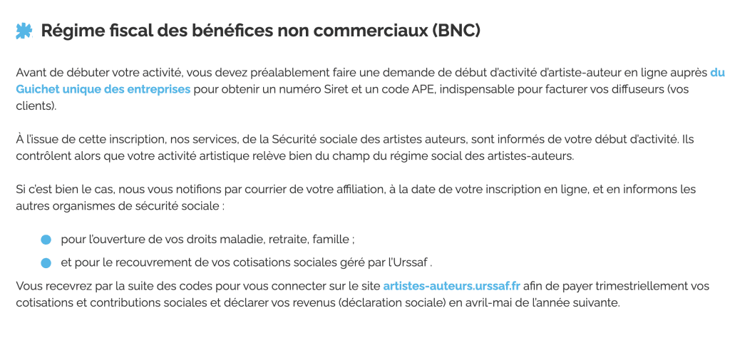 capture d'écran du site de la sécurité sociale des artistes