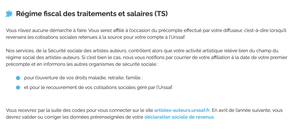 capture d'écran du site de la sécurité sociale des artistes